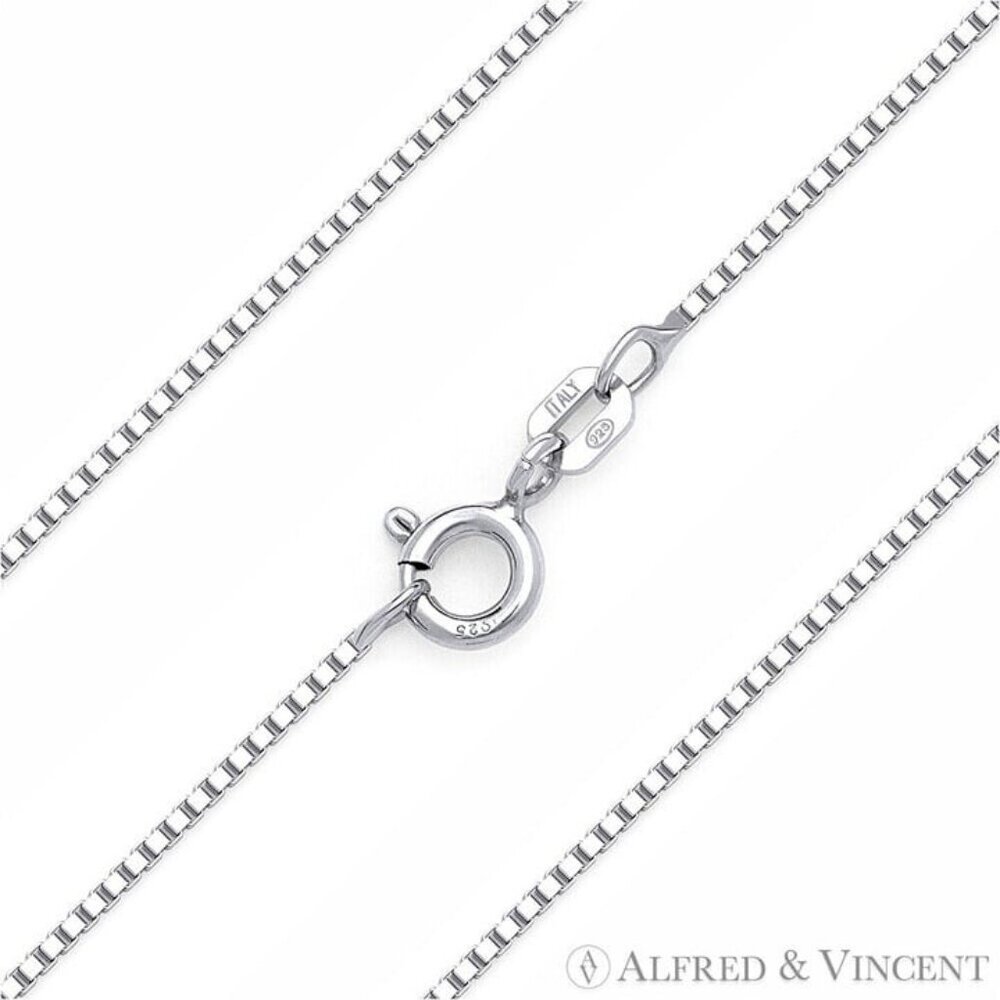 0.8mm Classic Box Link Chain Necklace in .925 Sterling Silver w/ Rhodium - 24"